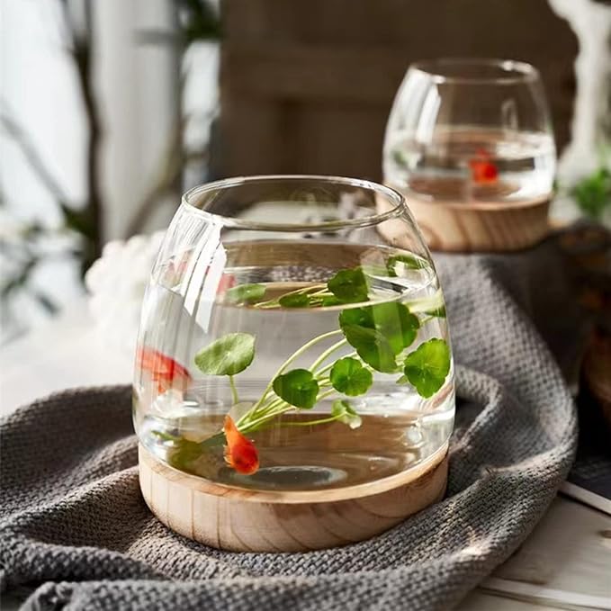 Glass Fish Bowl,with Wooden Base, Small Desktop Fish Bowl Aquarium for Betta Fish Gold Fish, Fish Tank Flower Vase,Hydroponic Plant Terrarium,for Home Decoration (11 x 19.5cm)