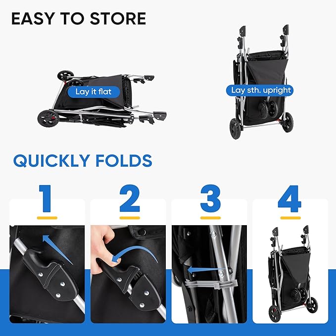 NEWBULIG 3 Wheel Pet Stroller for Dogs and Cats, Foldable, Lightweight and Durable, Ideal for Small to Medium Pets, Includes Storage Basket and Cup Holders