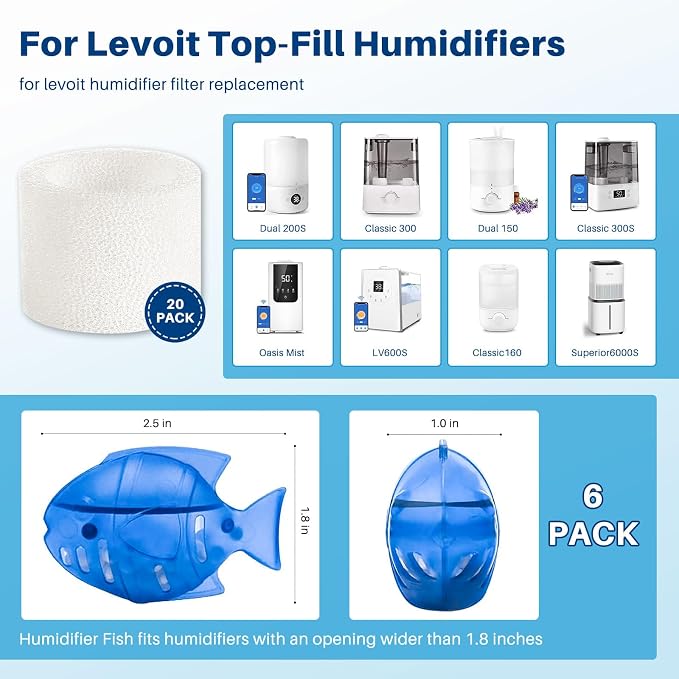 Top Fill Humidifier Filter Replacement for LEVOIT Classic160, Dual150 | LV600S,Classic300(S), OasisMist 450S, Superior6000S Series Humidifiers to improve Humidification- 20 Filters + 6 Fishs