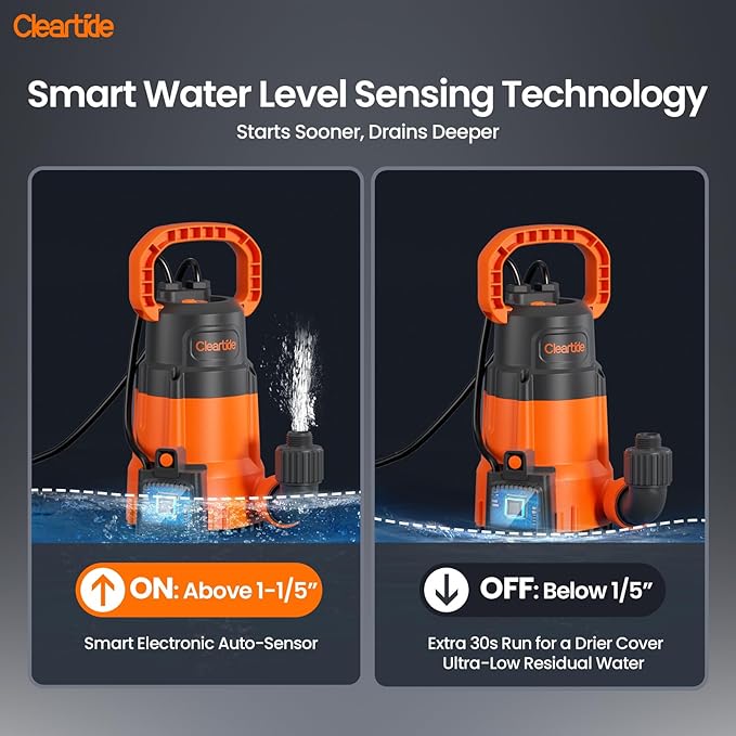 Cleartide 1/3 HP Submersible Utility Pump, 2790 GPH High Flow, Thermoplastic Portable Sump Pump with Auto Water Sensor, Ideal for Pool, Flooded Basement, Hot Tub, Pond & Garden Draining,10 FT Cord