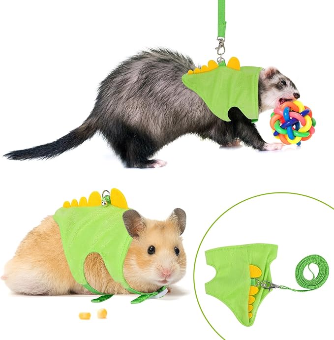 Ferret Harness and Leash Set, Dinosaur Shaped Small Animals Vest Bunny Harness Outdoor Walking Clothes Accessories for Ferret Rabbit Hamster Guinea Pig Kitten Puppy Tiny Pet