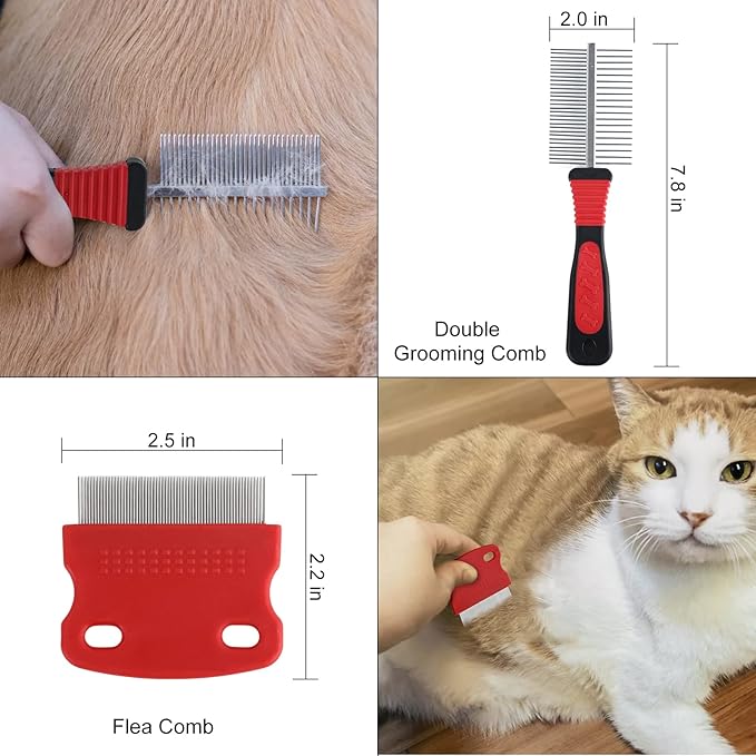 Wisedog Dog Grooming Kit 8PCS - Pin & Bristle Brush, Slicker Brush, Dematting Tool, Nail Clipper, Hair Removal Mitts, Flea Comb for Dogs and Cats (Reddish-black)