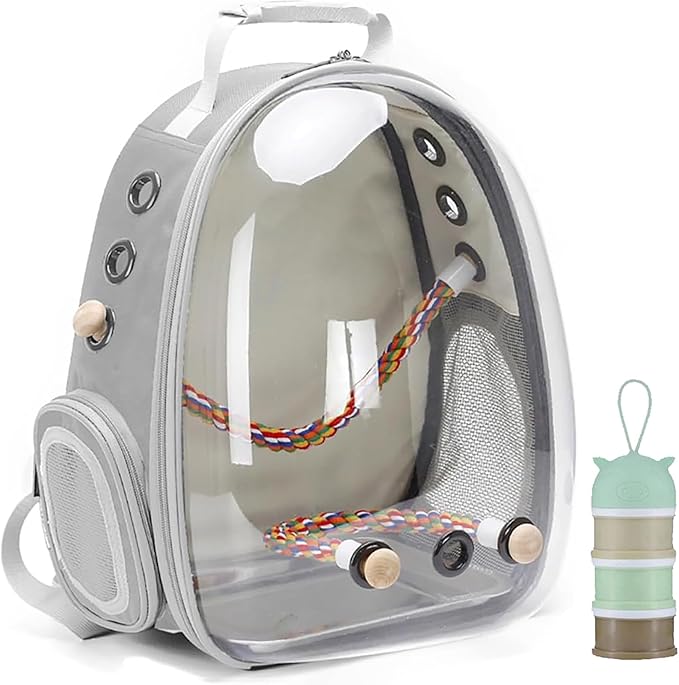 Bird Traval Carrier Cage, Clear Space Capsule Astronaut Backpack to Carry Parakeet Cockatiel Parrot with Metal Tray Wood Perch, Vet Transport School Bag