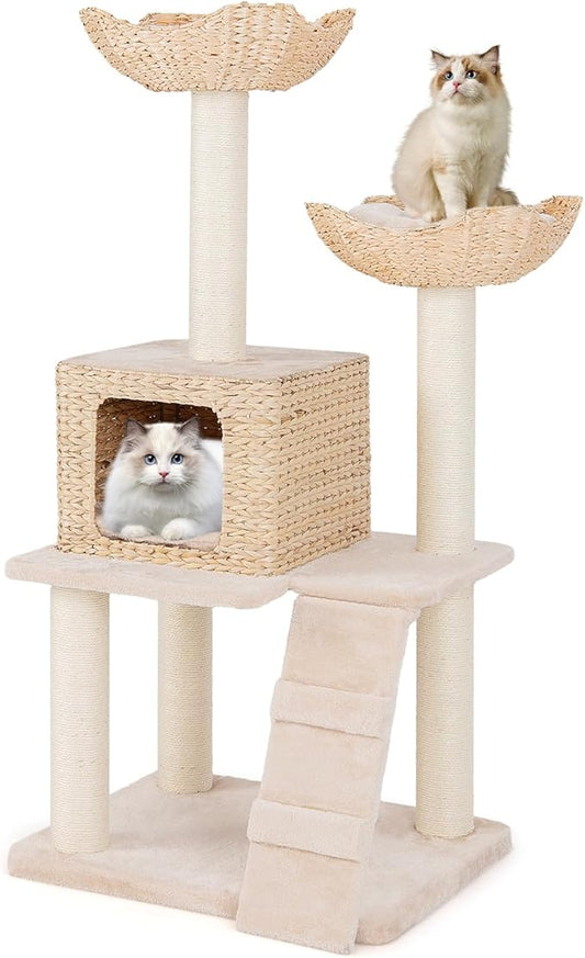 PETSITE 48 inch Cattail Cat Tree, Multi-Level Cat Tower with Sisal Scratching Posts, Cat Condo, Basket Beds, Climbing Ladder, and Soft Washable Cushions, Modern Cat Tree for Indoor Cats