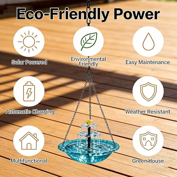 Solar Fountain for Bird Bath，Solar Cascade Hanging Bird Bath Fountain，Large Humming Birds Baths Fountains, with Solars Pump & Glass Bowl, for Outdoor, Gardens (Blue)