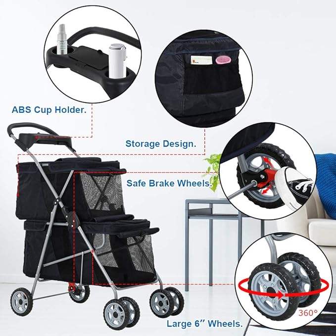 Dog Stroller Cat Pet Carriers for Small Medium Dogs Cats Travel Camping 4 Wheels Lightweight Folding Crate Stroller with Soft Pad (Black)