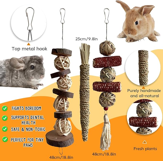 Rabbit Toys Bunny chew/Premium Guinea Pig Toys Natural Material Timothy Hay Sticks Apple Wood Sticks Handmade for Guinea Pig Hamster Rat Chinchilla
