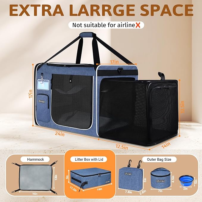 Petskd Side Expandable Extra Large Cat Carrier with Wheels and Litter Box for Long Distance Car Travel, 24"x17"x17" Collapsible Soft-Sided Pet Carrier with Zipper Locks for 2 Cats Under 55LBS(Blue)