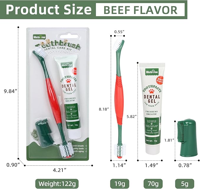 Dog Toothbrush and Toothpaste Kit Beef Dog Toothpaste(70g) Soft Nylon Double-Head Dog Toothbrush Green Dog Finger Toothbrush Puppy Tooth Brushing Kit Pet Dental Care Kit for Dogs and Cats