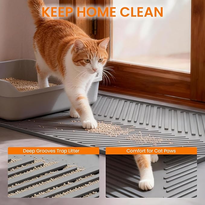 Cat Litter Box Mat, 34" x 22" Large Silicone Waterproof Litter Trapping Mat for Scatter Control, Non-Slip, Easy to Clean, Soft on Kitty Paws