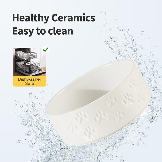 Elevated Ceramic Dog Bowls, 8.3" Dog Dishes with Stand, Elevated Food & Water Bowls for Large Breed Dogs, 2 Non-Slip Feeding Bowls, Microwave Safe (Double Bowls + Stand - White, 8 inch)