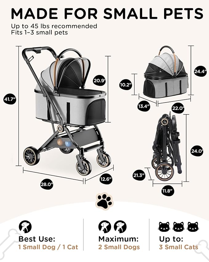 GTPLAYER Pet Stroller for Dogs & Cats, 3-in-1 Foldable Pet Strollers with Detachable Carrier, 360° Swivel Front Wheels & Rear Brakes, Up to 45 lbs, Grey