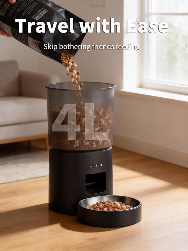 Automatic Cat Feeder, 2.4GHz WiFi Automatic Dog Food Dispenser, Fresh Protection, 4.5L Timer Feeder, Personalized Recording 10 Seconds, Easy to Clean, Stainless Steel Bowl (Single/Black)