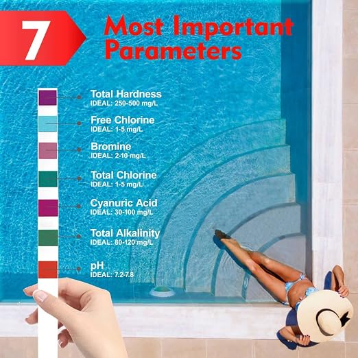 Pool Test Strips 7 Way, Quick Pool and Spa Test Strips 125ct Hot Tub Test | Reliable Water Testing Kit for Bromine, Total Alkalinity, pH, Free Chlorine, Total Hardness, Cyanuric Acid and Total Chlorine