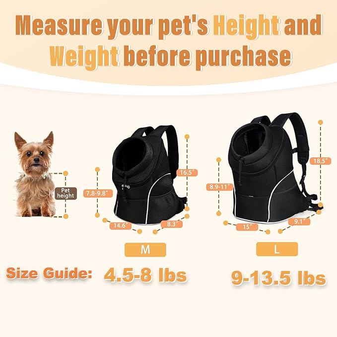 YUDODO 9-14lbs Dog Front Carrier Backpack, Adjustable Breathable Pet Carrier for Small Dogs, Ventilated Puppy Back Pack with Safety Belt, Lightweight Doggy Backpack for Hiking Outdoor(Jet Black, L)