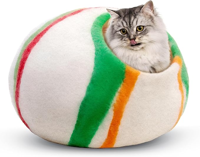 Woolygon Premium Felt Cat Cave Bed – Wool Kitty Beds Handcrafted Kitten Caves Bed for Indoor Cats - Made from Merino Wool, Foldable Cat Hideaway Covered Cat House Pod (Candy Swirl)