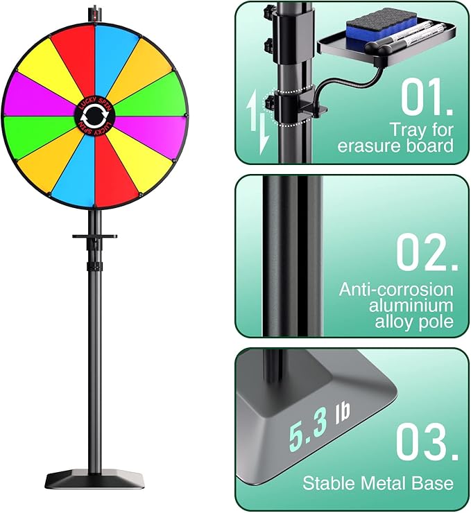 24" Prize Wheel - Dual Use Tabletop or Height Adjustable Floor Stand Heavy Duty Spinner Wheel of Fortune with 12 Slots & Dry Erase & Eraser for Carnival, Trade Show, Fortune Spinning Game
