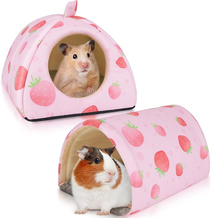 Bienbee Guinea Pig Hideout, Washable Guinea Pig Tunnel Set, 2 Pack Guinea Pigs Toys Guinea Pigs Cage Accessories for Small Animal Mouse Hamster Hedgehogs Rats,Pink Strawberry