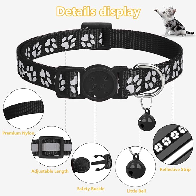 Taglory Reflective Cat Collar Breakaway with Bell, High Visibility Night Strip, Lightweight Adjustable Nylon Collar for Boy Girl Cats, 2 Pack, 7.5-12.5 Inch, Black