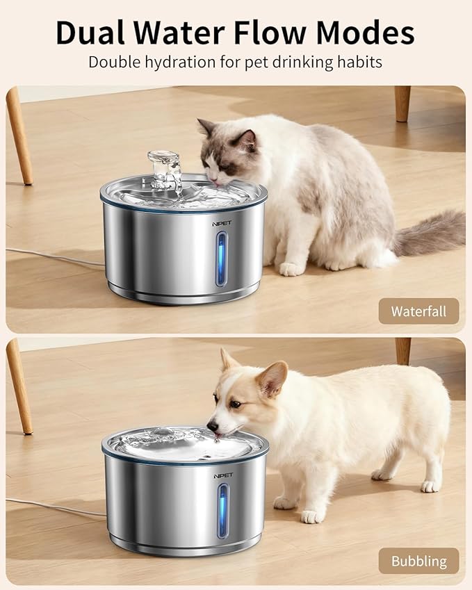 NPET Stainless Steel Cat Water Fountain, 1 Gallon/135oz Automatic Pet Drinking Fountain Dog Water Dispenser Bowl with Water Level Window for Cats Indoor - WF210Plus
