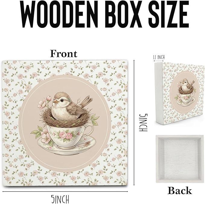 Flower Bird Wooden Box Sign Desk Decor, Rustic Bird Nest Teacup Wood Block Sign for Girls Room Nursery Bedroom Home Desk Table Shelf Wall Decorations, 5x5 Inch