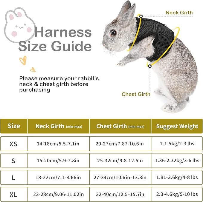 PETTOM Bunny Rabbit Harness with Stretchy Leash Cute Adjustable Buckle Breathable Mesh Vest for Kitten Small Pets Walking (Black,S)