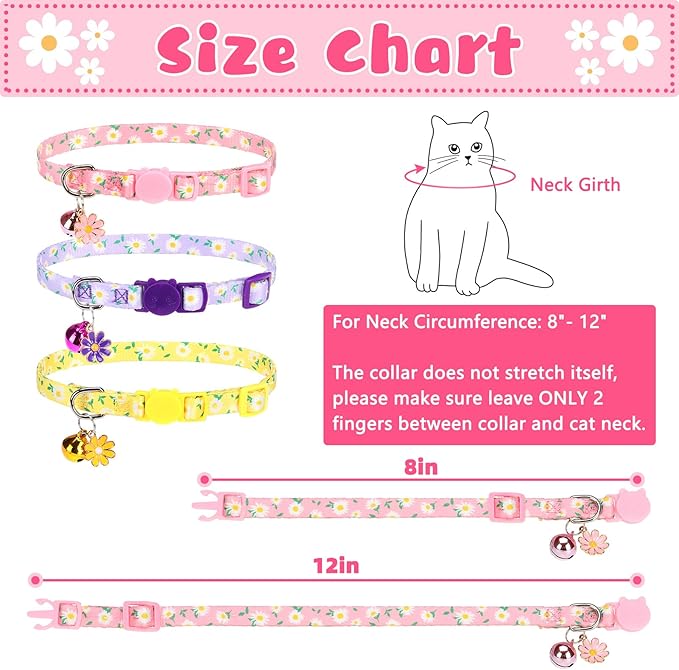 Breakaway Cat Collars with Bell & Cute Pendants, 3 Pack Safety Buckle Kitten Collars, Adjustable Pet Collar Ideal for Girl Boy Cats Puppy (Daisy Pattern)