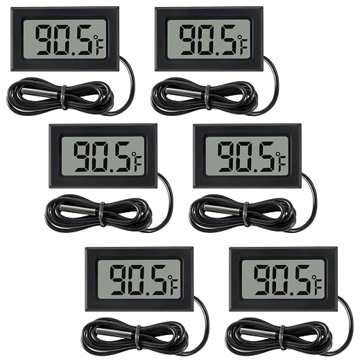 6 Pack Digital Thermometer Wired for Car Greenhouse Indicator Indoor Room Freezer Refrigerator Aquarium with 1M Waterproof NTC Probe Fahrenheit(℉)