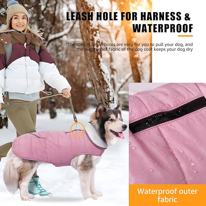 iBuddy Dog Winter Coat for Extra Large Dogs, Easy on 3XL Dog Snow Jacket Velcro Waterproof Pet Puffer Clothes with Harness Hole Adjustable Reflective Quilted Pet Cold Weather Vest for Girl Female