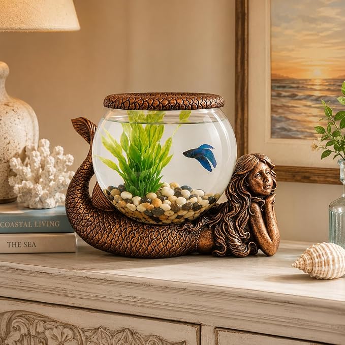 Mystical Mermaid Fish Bowl Décor – 1 Gallon Glass Aquarium, Terrarium & Candle Holder with Antiqued Bronze Mermaid Figurine, Decorative Tabletop Bowl for Home or Office