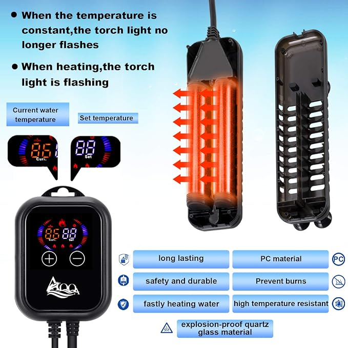 AQQA Submersible Aquarium Heater,100W/200W/300W/500W/800W/1000W/1200W | Fish Tank Heater,External Temperature Controller LED Temperature Display,Suitable for Saltwater and Freshwater(800W)
