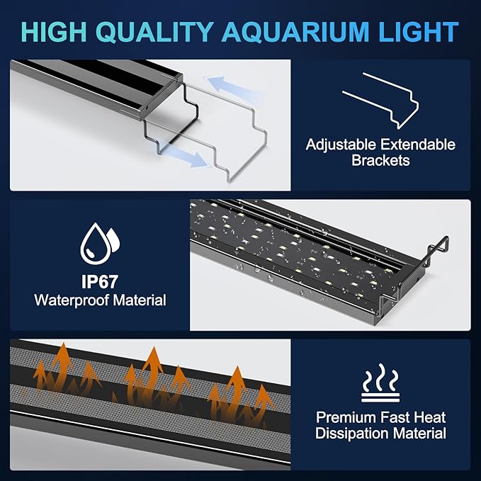 AQQA LED Aquarium Light for Plants, 24/7 Mode Full Spectrum Fish Tank Light with 3 Light Modes, Adjustable Timer/Brightness, Memory Function, Extendable Brackets for Freshwater for 40-48 Inch Tank 30W