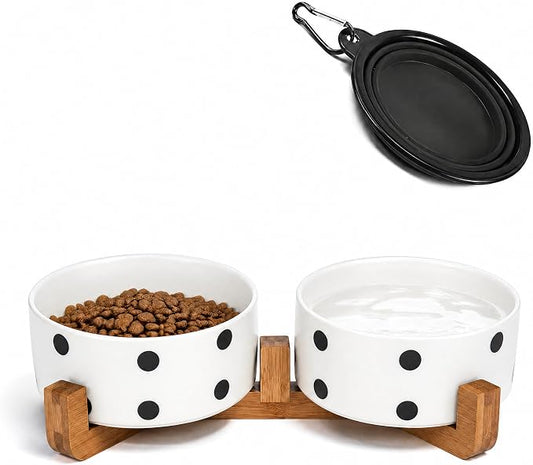 Petygooing Dog Bowls Ceramic, Cat Dog Bowl Set with Wood Stand for Food and Water,Non-Slip Cute Modern Pet Dishes for Cats Medium Size Dogs (28OZ/6.1 in) Black Dot