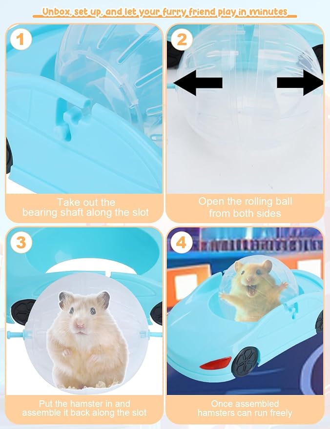 3 in 1 Dwarf Hamsters Exercise Ball Super Cute Pet Sports Car for Robo,Siberian,Russian Dwarfs Hamster - Easy Spin, Lock and Spins, Lock Car Spin - 4.7 Inches Mini Ball Only for Small Hamster