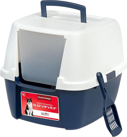 IRIS USA Cat Litter Box Large with Front Door Flap, Covered Enclosed Litter Box Enclosure with Scoop, Handle & Buckles for Portability & Privacy, Hidden Litter Pan, Navy