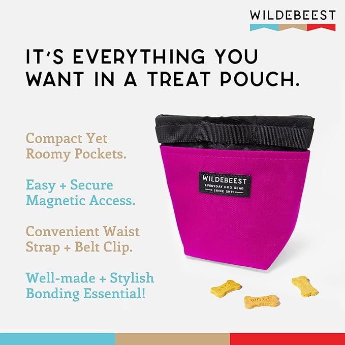 Wildebeest Dog Treat Pouch, Dog Treat Bag, Dog Training Treat Pouch, Dog Travel Bag, Pet Treat Pouch, Magnetic Closure, 2 Water-Resistant Compartments, Detachable Waist Strap & Belt Clip