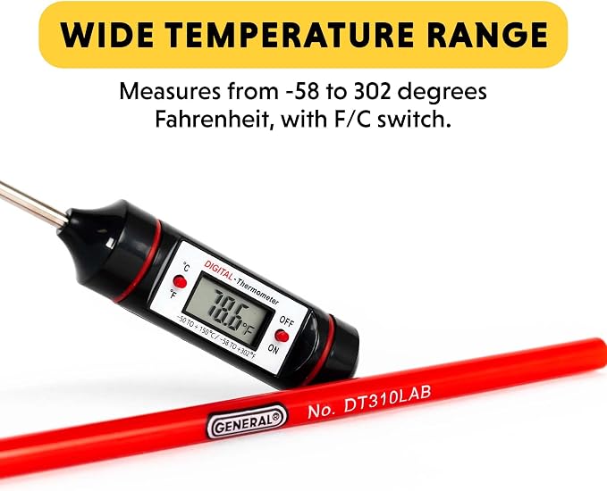 General Tools Digital Thermometer #DT310LAB, 8 Inch Extra Long Stainless Steel Probe, -58 to 302 degrees Fahrenheit (-50 to 150 degrees Celsius) Range with High and Low Alarms, Auto-Off