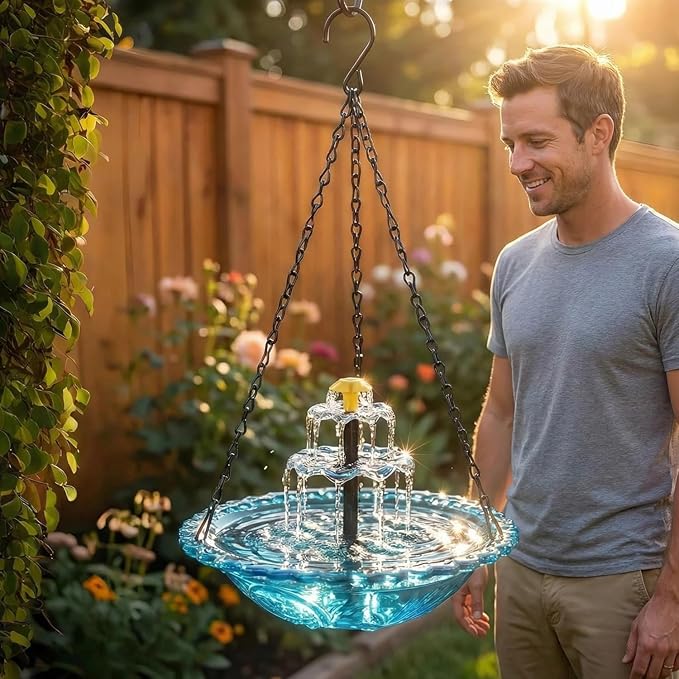 2026 Solar Cascade Hanging Bird Bath Fountain - 3 Layers Outdoor Water Feature for Hummingbirds, Easy-Clean 9.3" Glass Basin with Solar Powered Pump, Attract Wild Birds to Garden, Patio (Pink)