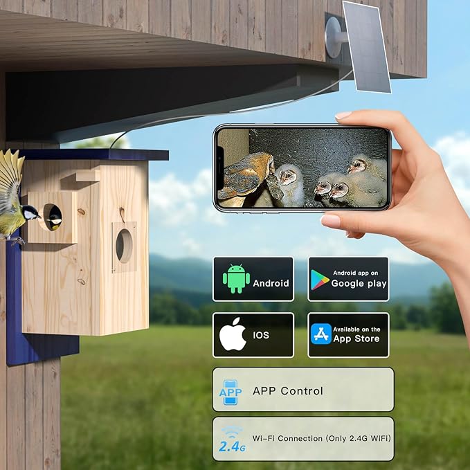 Birdhouse Camera – Solar Powered 1080P/2K HD Smart Nest Box, 2.4G WiFi Live View, Night Vision, Real-Time Bird Watching & Hatching, Outdoor Garden Bird Nest, Ideal Gift for Bird Lovers