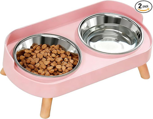 Elevated Cat Bowls, 2 Stainless Steel Raised Cat Food and Water Bowl Set, Splash Proof & Non-Slip, Whisker Fatigue Friendly, Dishwasher Safe for Cats and Small Dogs - Pink