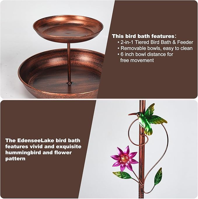 EdenseeLake Double Metal Bird Bath for Outside, 43.8 Inch Upgraded 5-Prong Base Stake Birdbaths Feeder with Detachable Bowls for Outdoors Lawn Patio Yard Garden Decor