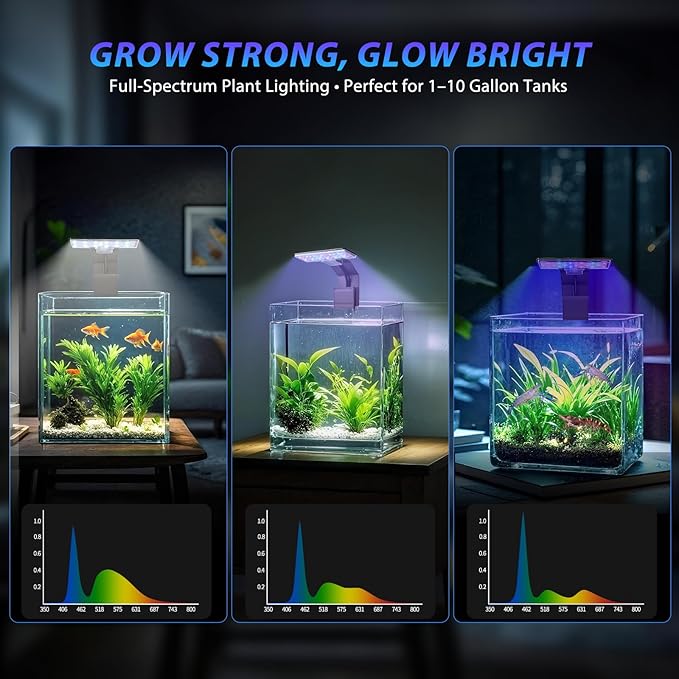 Mini Clip-On Aquarium Light 7W USB Dimmable Fish Tank Lamp with 3 Light Modes (Full Spectrum/White/RGB), 9-Level Brightness, Compact LED Light for 1–3 Gallon Aquariums (Adapter Not Included)