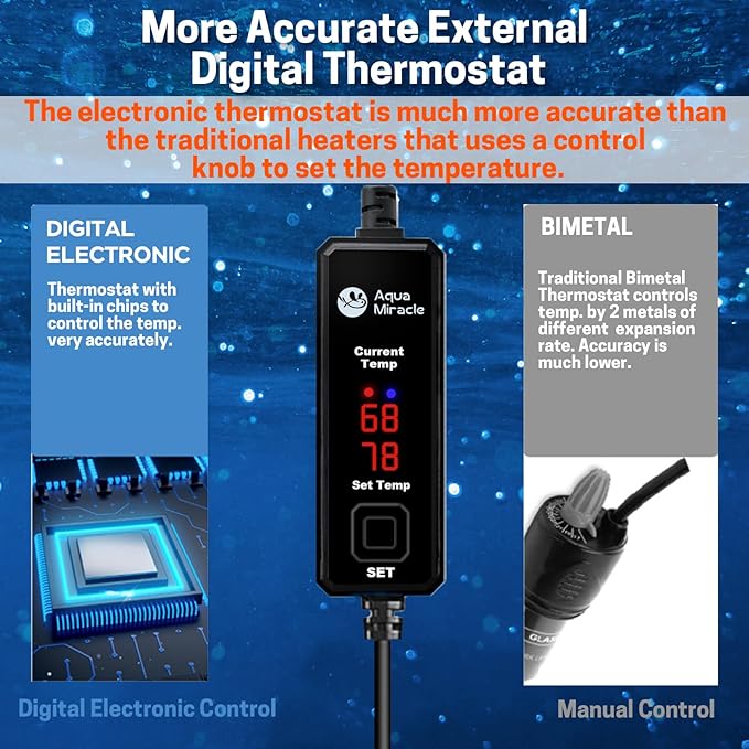 AquaMiracle Upgraded 50W Small Aquarium Heater Fish Tank Heater Turtle Heater Super Mini Aquarium Heater, Dry-Run/Overheating Protection and Memory Function, Dual LED Display, for 5-10 Gal Tanks