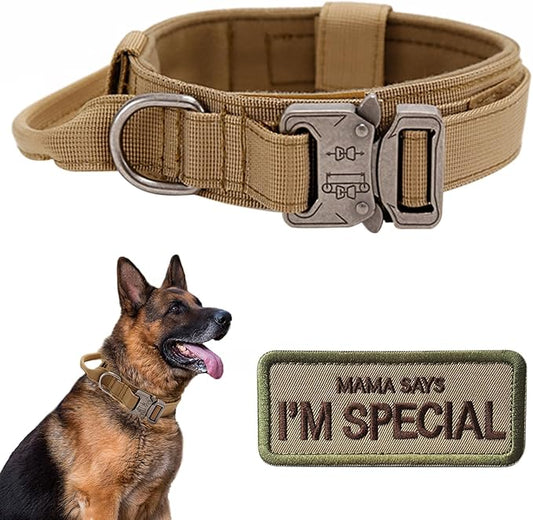 Tactical Dog Collar with Handle - Military Adjustable Dog Training Collar Soft Nylon and Heavy Duty Metal Buckle for Medium Large Dogs - with Patch (Brown, X-Large)