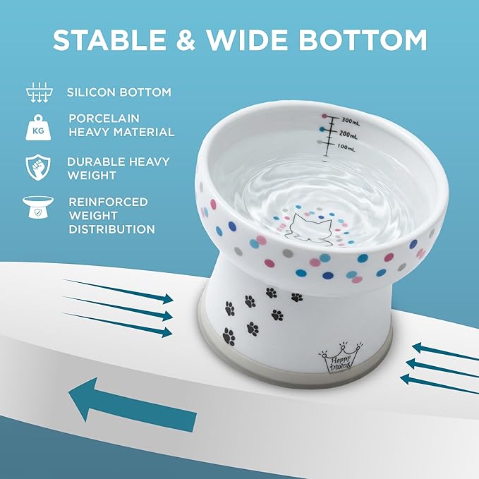 Necoichi Elevated Cat Water Bowl – Ceramic Raised Cat Bowl, Prevents Neck & Whisker Fatigue – Dishwasher & Microwave Safe – Pet Water Bowl for Cats (Colorful Dots, Extra Tall)