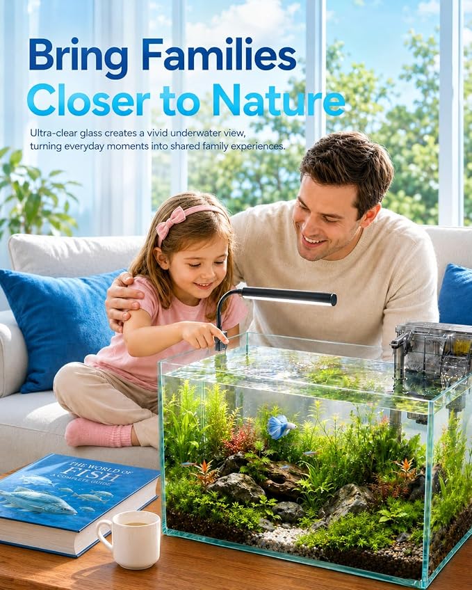 10-Gallon Ultra-Clear Glass Fish Tank Starter Kit, LED Light, Reusable 3-Stage Filter, Lid, Easy Maintenance Rimless Aquarium for Betta and Small Fish