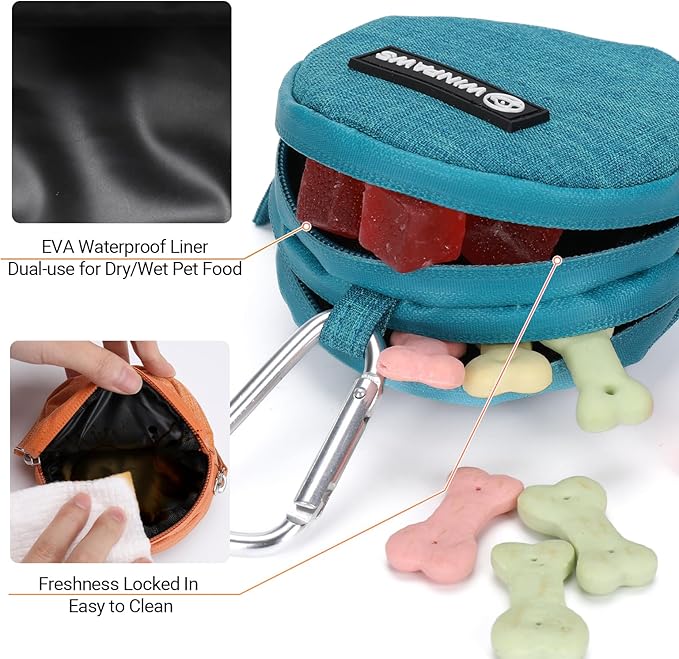 Dog Poop Bag Holder for Leashes- Dog Treat Pouch with Waterproof Zipper,Puppy Training Small Bag with Carabiner & Bungee Toggle,Two Pockets for Dry or Wet Treats-Pet Travel Walking Essentials (Green)