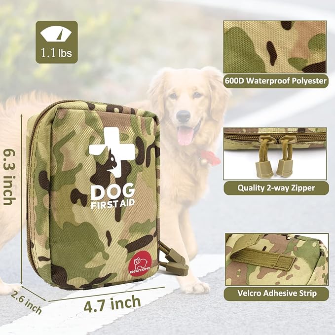 Portable Dog First Aid Kit 72 PCS Medical Supplies with Thermometer Emergency Blanket Splint Pet Emergency Bag for Camping Walking Cycling Car Hiking, Camo