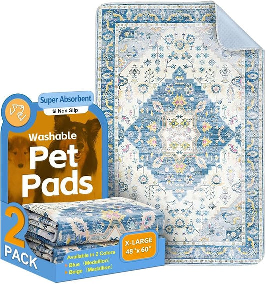 Washable Pee Pads for Dogs, 2 Pack Reusable Puppy Training Pads 60"x48" Super Absorbent Waterproof Dog Training Pads, Non-Slip Potty Pads, Whelping Pads Litter Mat Blue Medallion