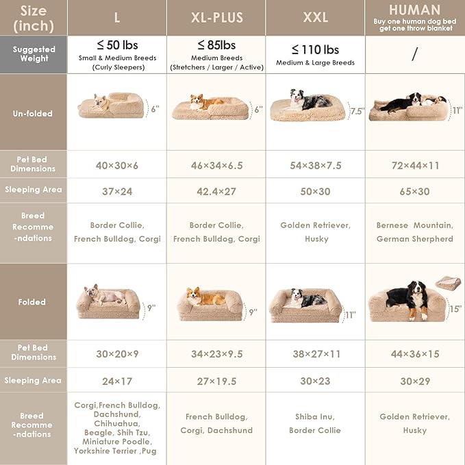 EHEYCIGA Foldable XXL Dog Bed for Large Sized Dog, 54"x38"x7.5" Faux Fur Fluffy Pet Couch Bed, Orthopedic Calming Memory Foam Big Pet Bed, Washable Pet Sofa Bed with Non-Slip Bottom, Camel